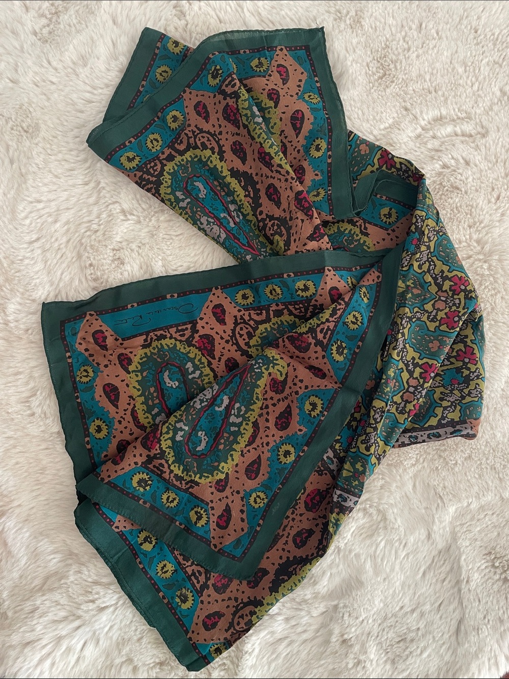 Oscar de la Renta Teal, Brown & Pink Paisley Silk Scarf